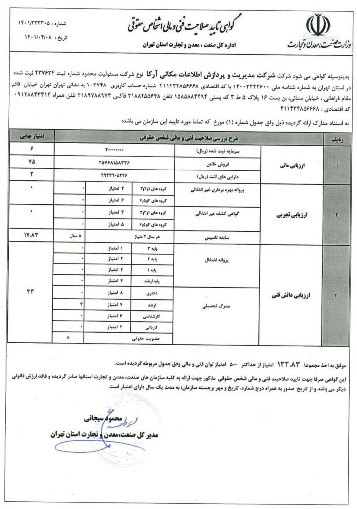 صلاحیت مالی و فنی شرکت آرکاسایمپ